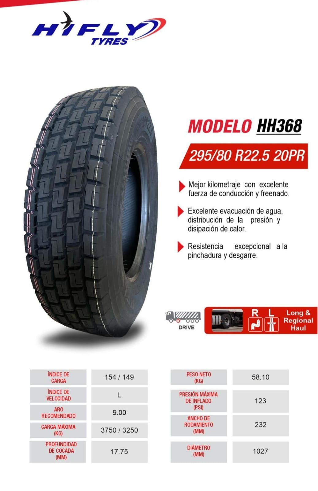 295/80R22.5  HIFLY HH368 20 PR CUADRADA